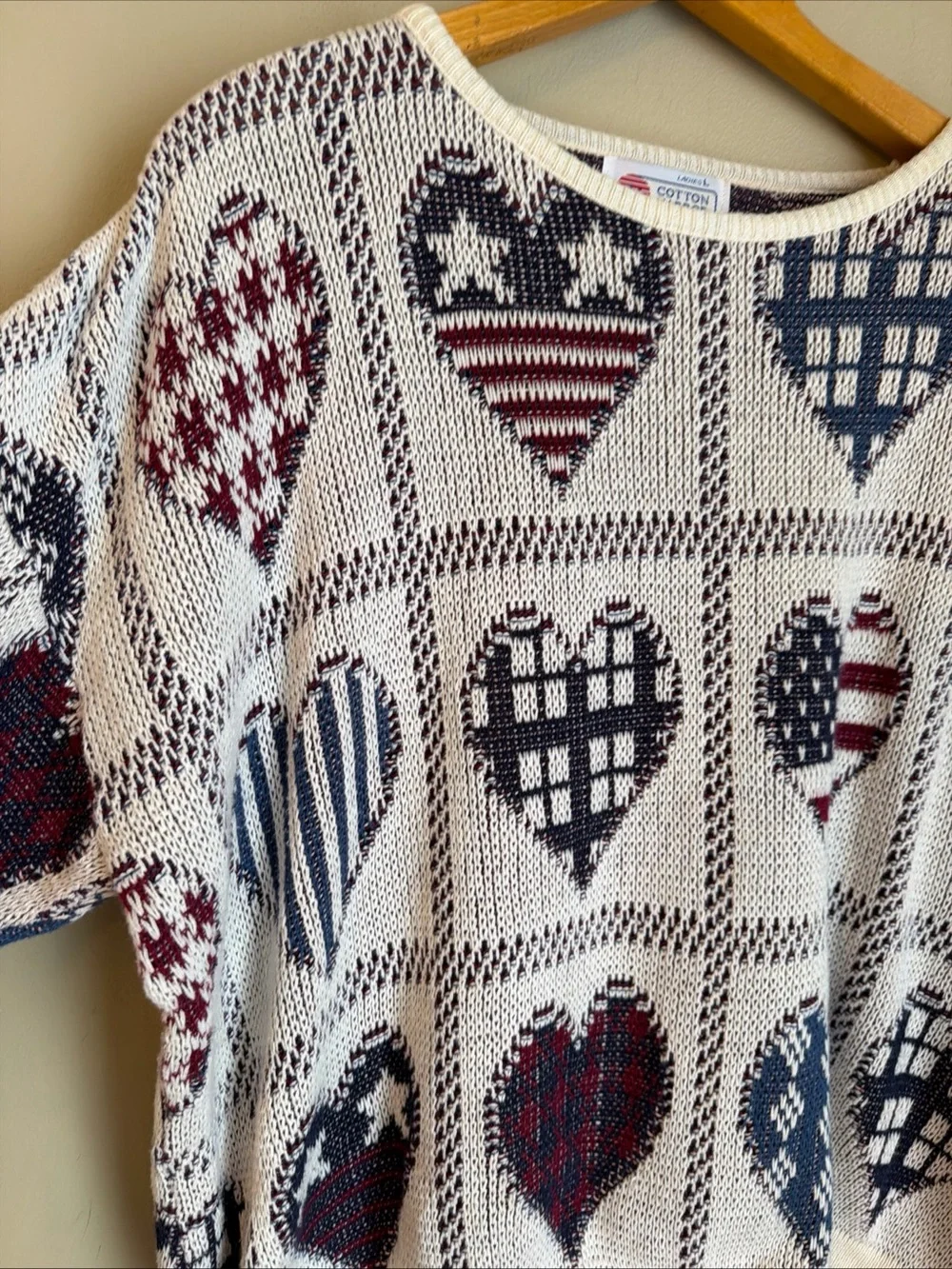 Vtg Cotton Harbor American Flag Heart Sweater Short Sleeve 4th Of July America L